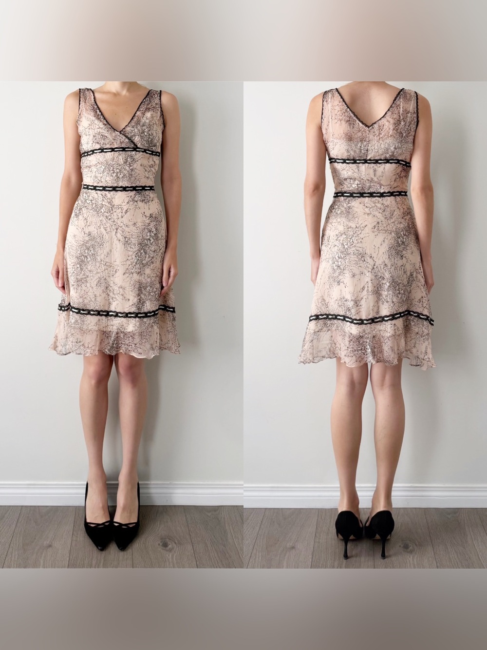 Dainty floral lace BCBGMAXAZRIA 100% silk midi dress.
